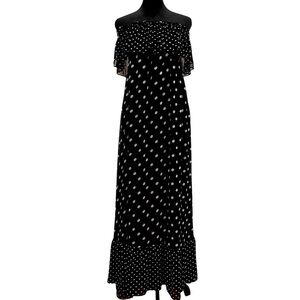 Moda International Black White Polka Dot Off Shoulder Ruffle Maxi Dress M